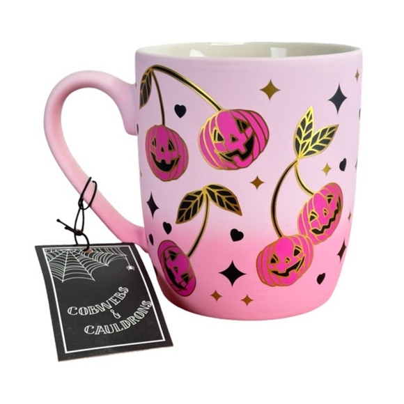 NEW Cobwebs & Cauldrons Halloween Matte Pink Pumpkin Cherry Mug - Picture 1 of 1